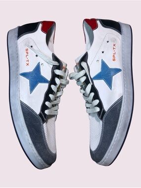 Sepol Men's Estrella Distressed Leather Sneakers In White Blue Size 12